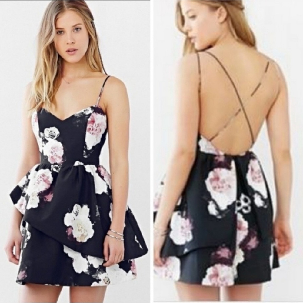 KEEPSAKE the Label Black and Pink Floral Backless Dress